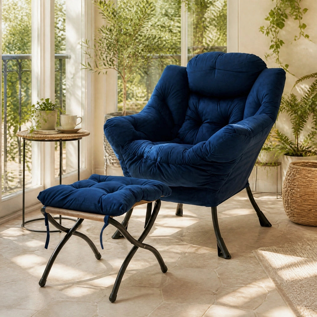 Poltrona relax con poggiapiedi blu scuro, tasca laterale e braccioli