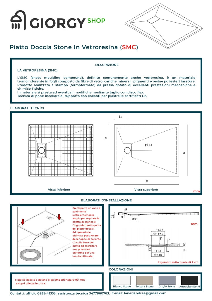 Piatto Doccia In SMC Vetroresina Effetto Pietra H 2,6 Cm Con Piletta Di Scarico Inclusa 90-160 Bianco