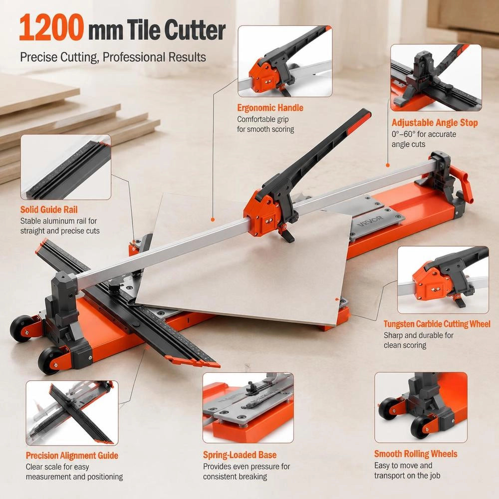 Tagliapiastrelle Manuale 1200mm, Macchina Da Taglio Con Base A Molla E Guida Angolare, Disco In Carburo Tungsteno, Guida Allineamento, Per Fai Da Te Piastrelle In Ceramica Pavimenti Cucine Bagni