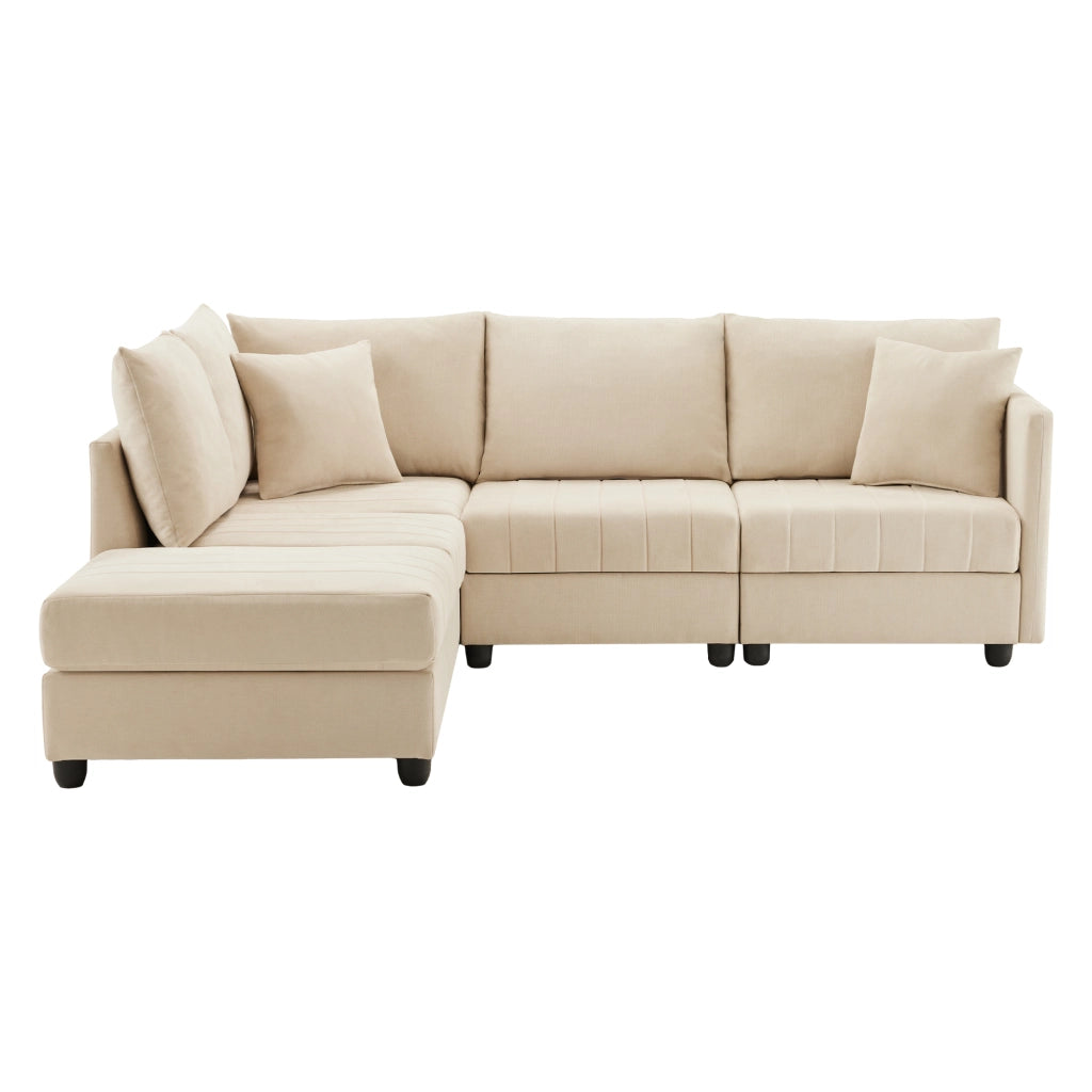 Divano modulare angolare 5 posti con pouf mobile, tessuto cotone e lino beige, design a L/U