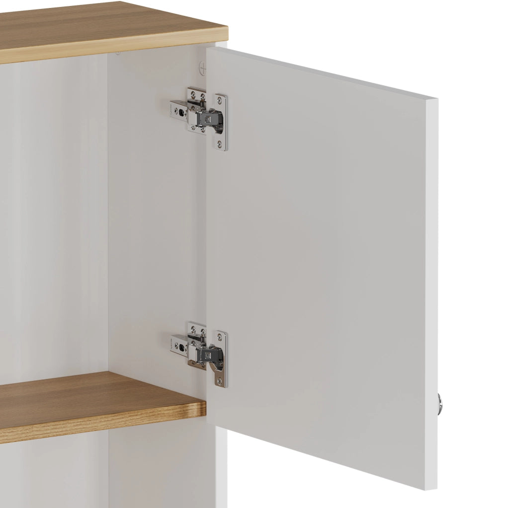 Sideboard bianco con 2 cassetti e 4 ante, design stile fienile, 80x40x175 cm