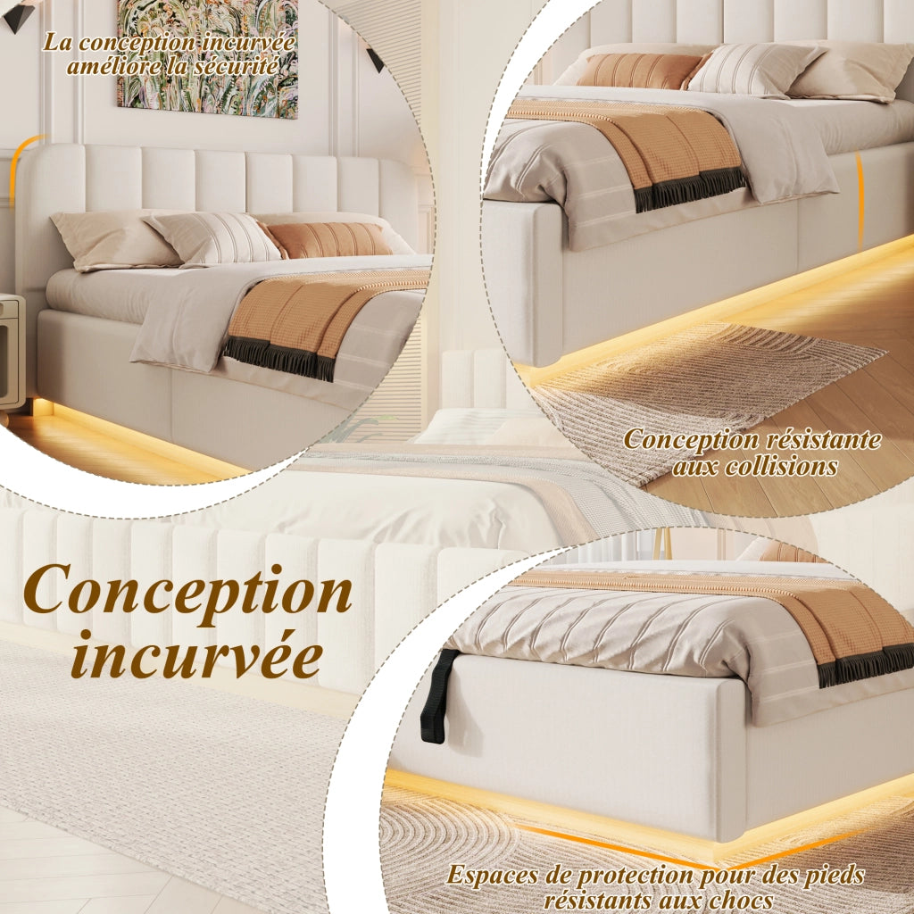 Letto contenitore imbottito in ciniglia 140 x 200 cm, letto matrimoniale con contenitore idraulico, LED, testiera trapuntata e rete a doghe, beige