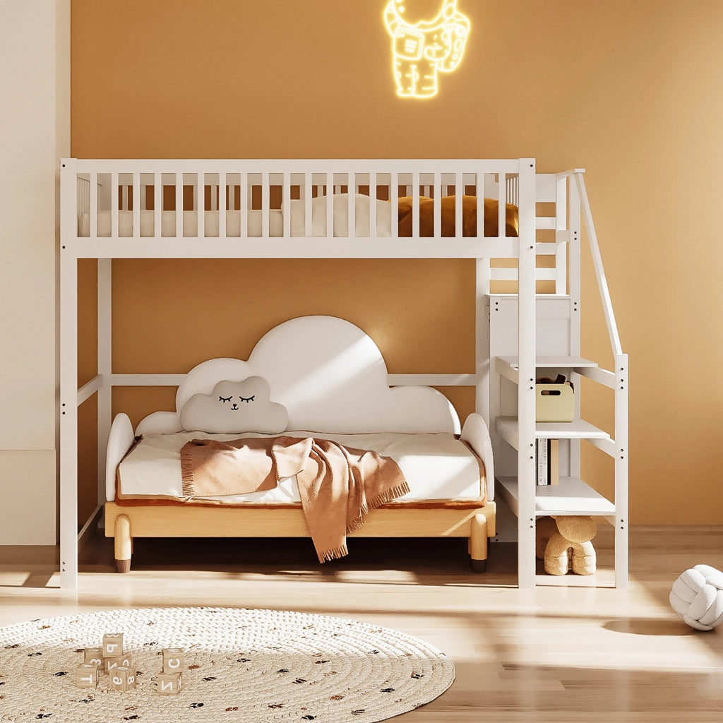 Letto a soppalco 140x200 cm con scala, letto per bambini in legno con mensola contenitore e armadio semplice - Bianco