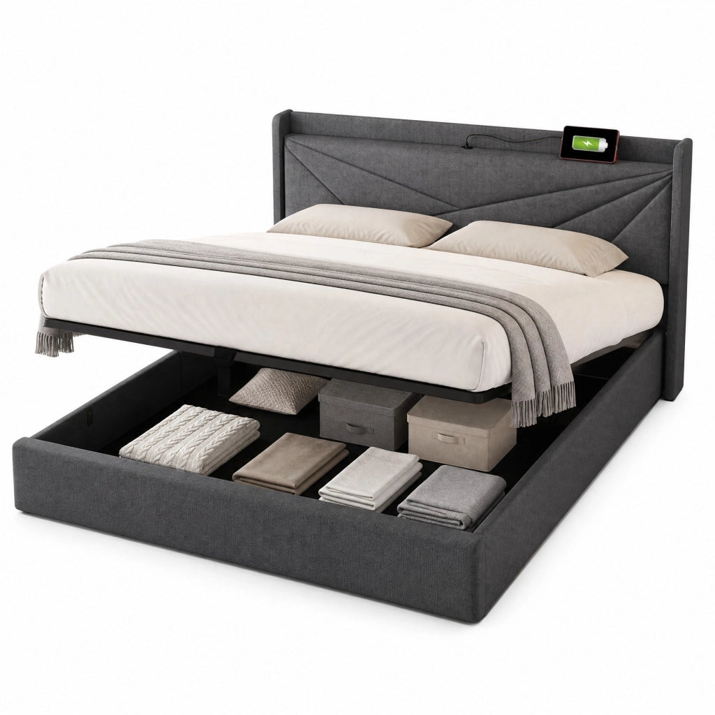 Letto matrimoniale imbottito con contenitore, testiera con ricarica USB e Type-C, 180x200 cm