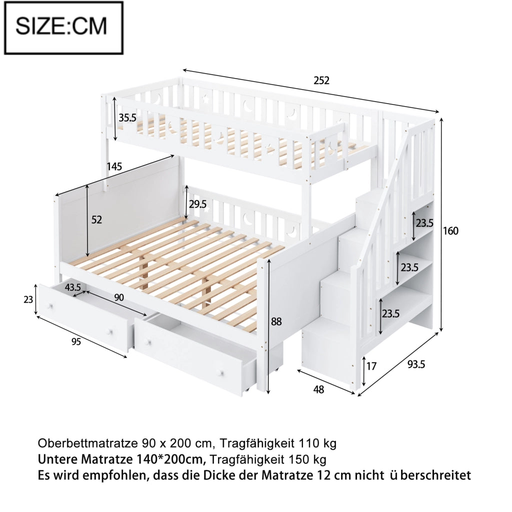 Letto a castello per bambini 90x200/140x200 cm con scala contenitore e cassetti bianco