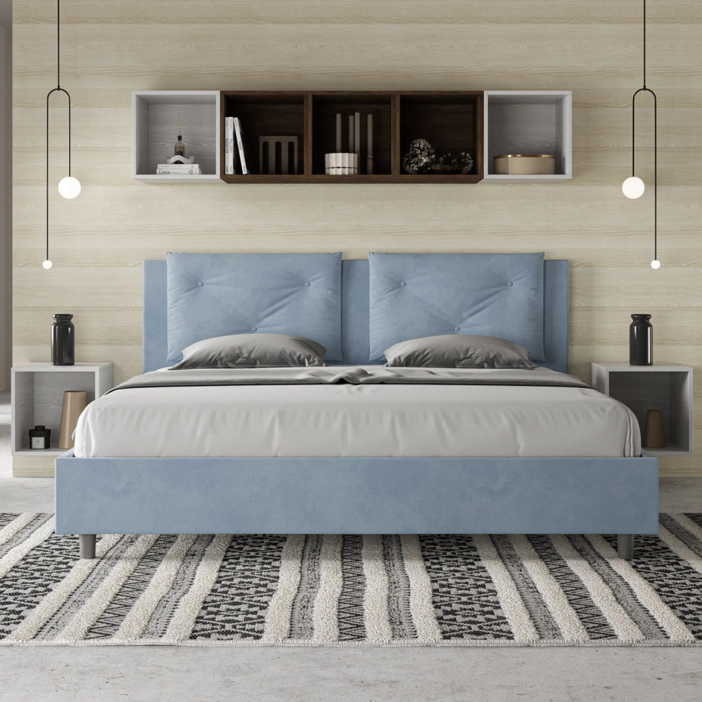 BS COM Letto matrimoniale king size senza rete imbottito 170x200 microfibra azzurro