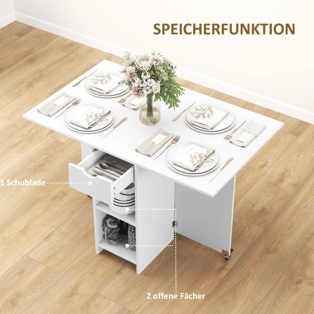 Tavolo da pranzo - pieghevole per 2-4 persone - con ripiani e cassetto - 114;5x70x75 cm - bianco