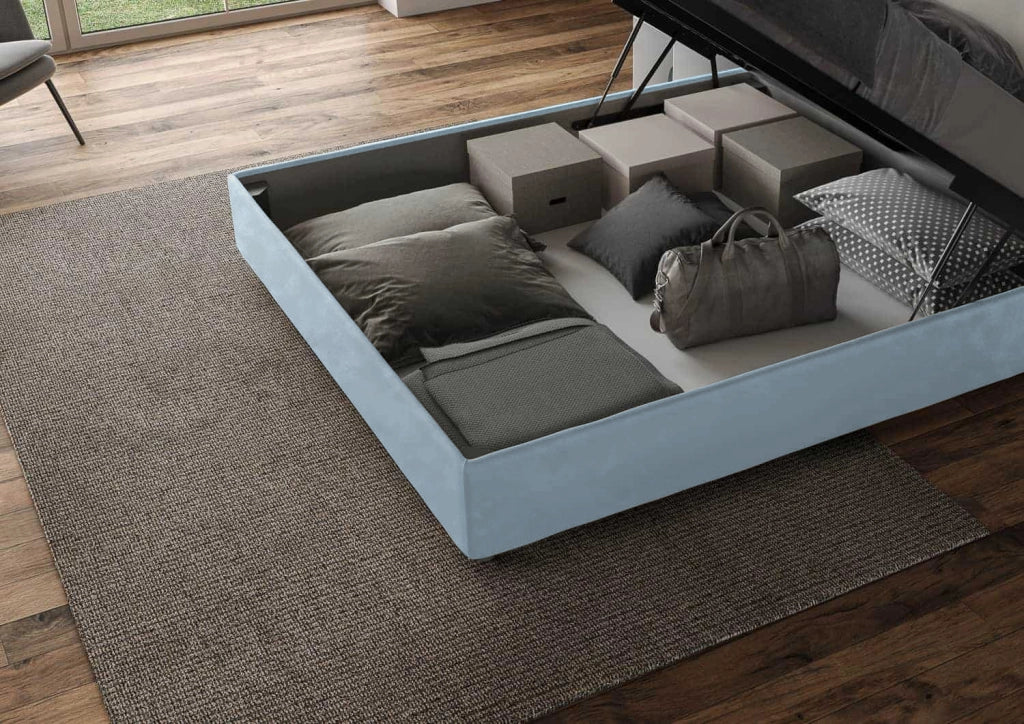 BS COM Letto queen size contenitore imbottito 150x210 microfibra azzurro