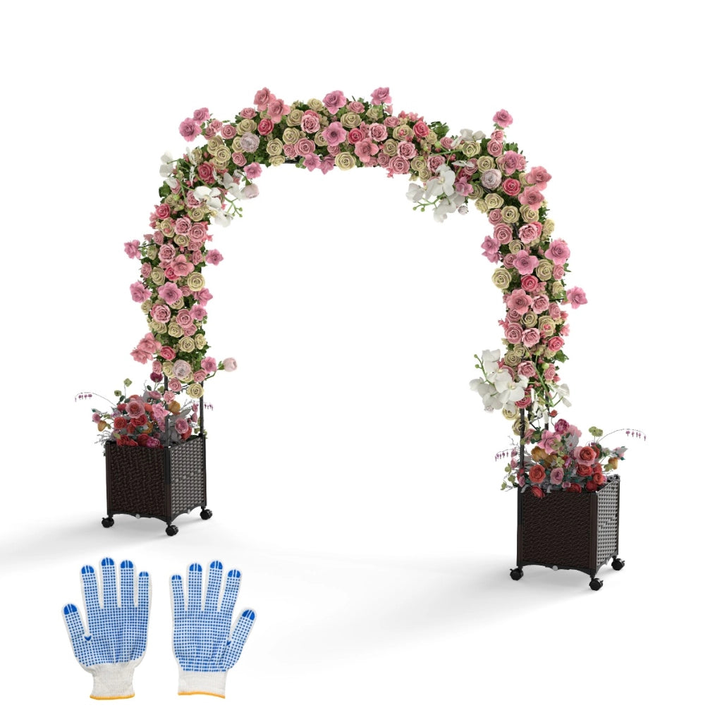 Arco da giardino 288 cm con 2 fioriere-Arco decorativo per piante rampicanti con sistema di autoirrigazione Nero + Marrone