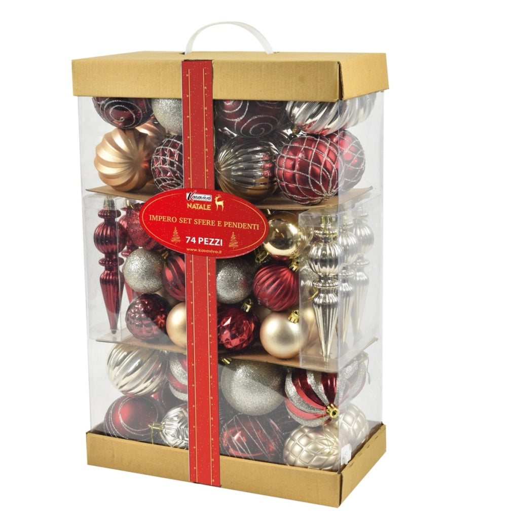 IMPERO SET 74 PZ DI SFERE E PENDENTI IN COLORE ROSSO E ORO