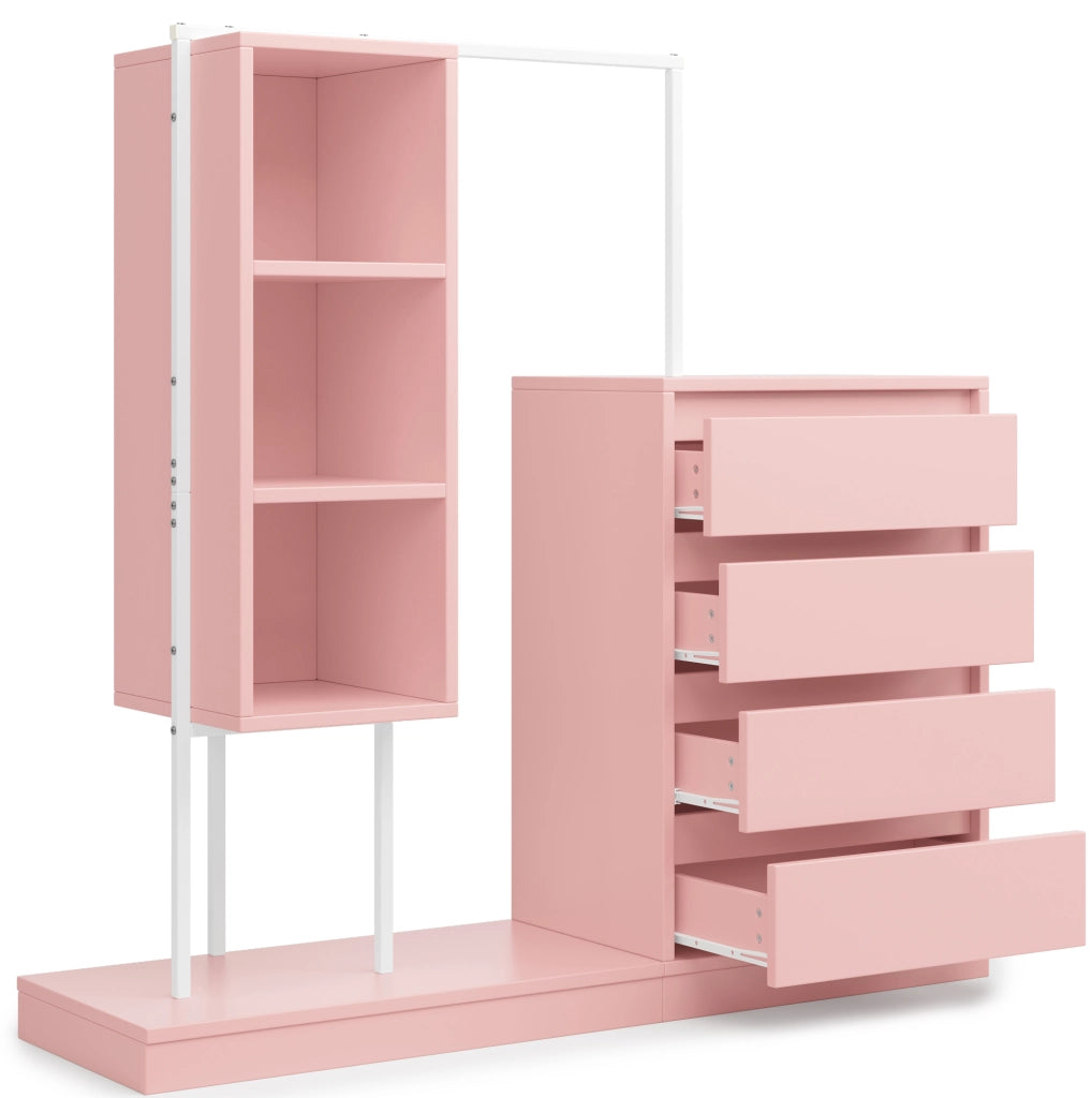 Mobile contenitore rosa con 4 cassetti; 3 ripiani aperti e barra appendiabiti