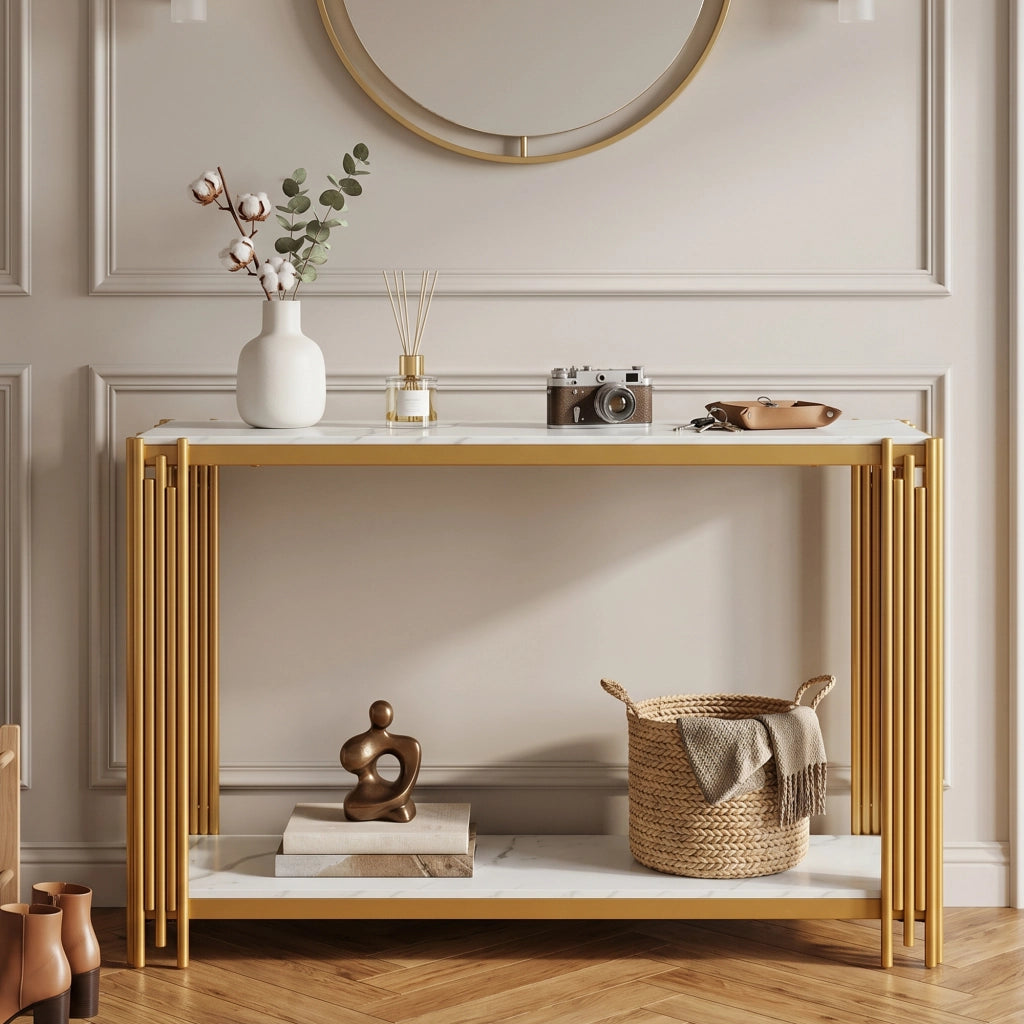 Tavolo consolle con 2 ripiani MDF e metallo oro e bianco