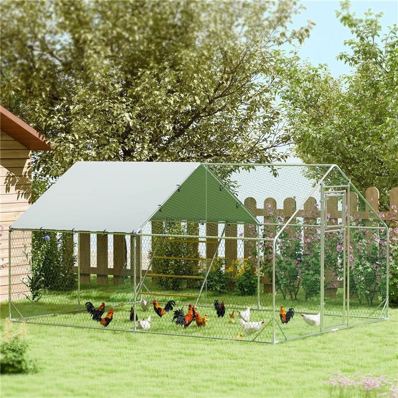 RECINTO PER GALLINE DA 12M PER 12-18 ANIMALI CON TETTO IMPERMEABILE MANGIATOIA E POSATOIO 3X4X1.9M ARGENTO