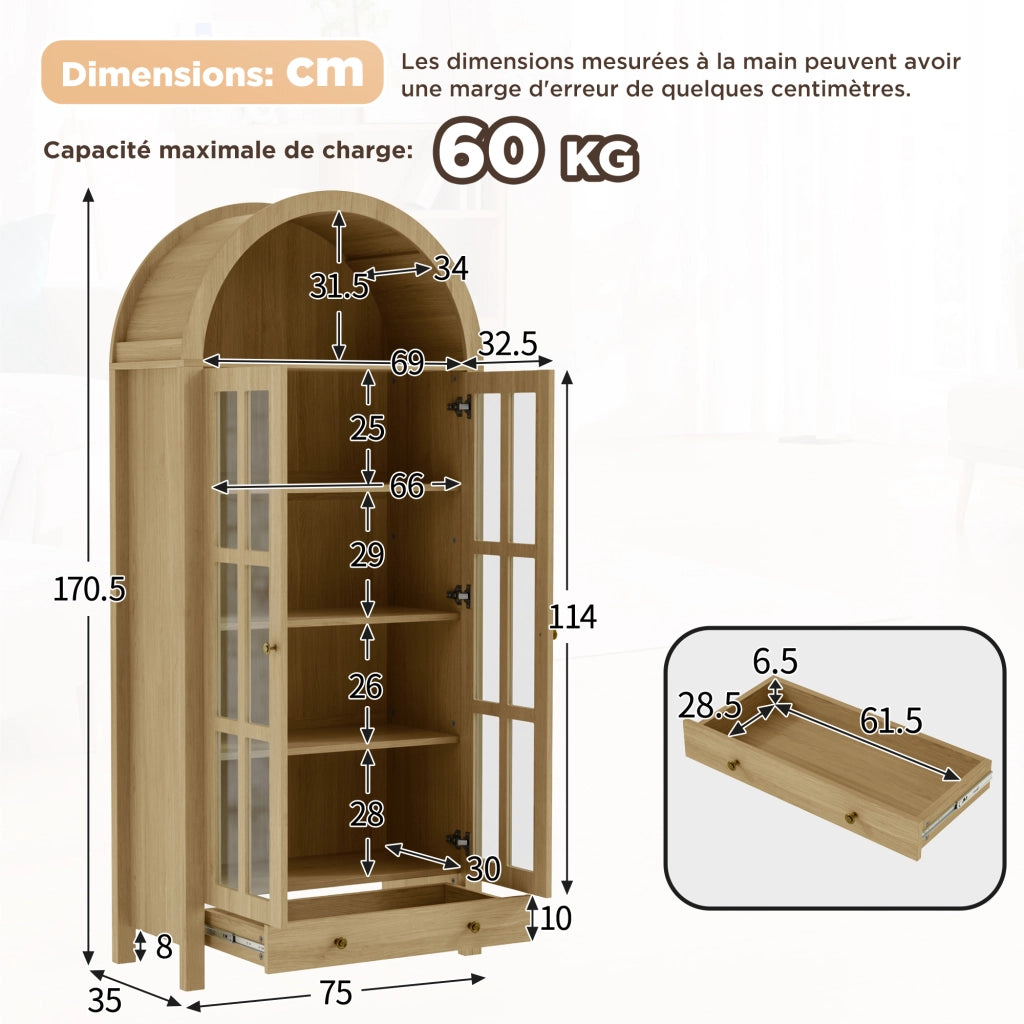 Vetrina ad arco con ante in acrilico trasparente e cassetto in MDF naturale per soggiorno 75 × 35 × 170.5 cm
