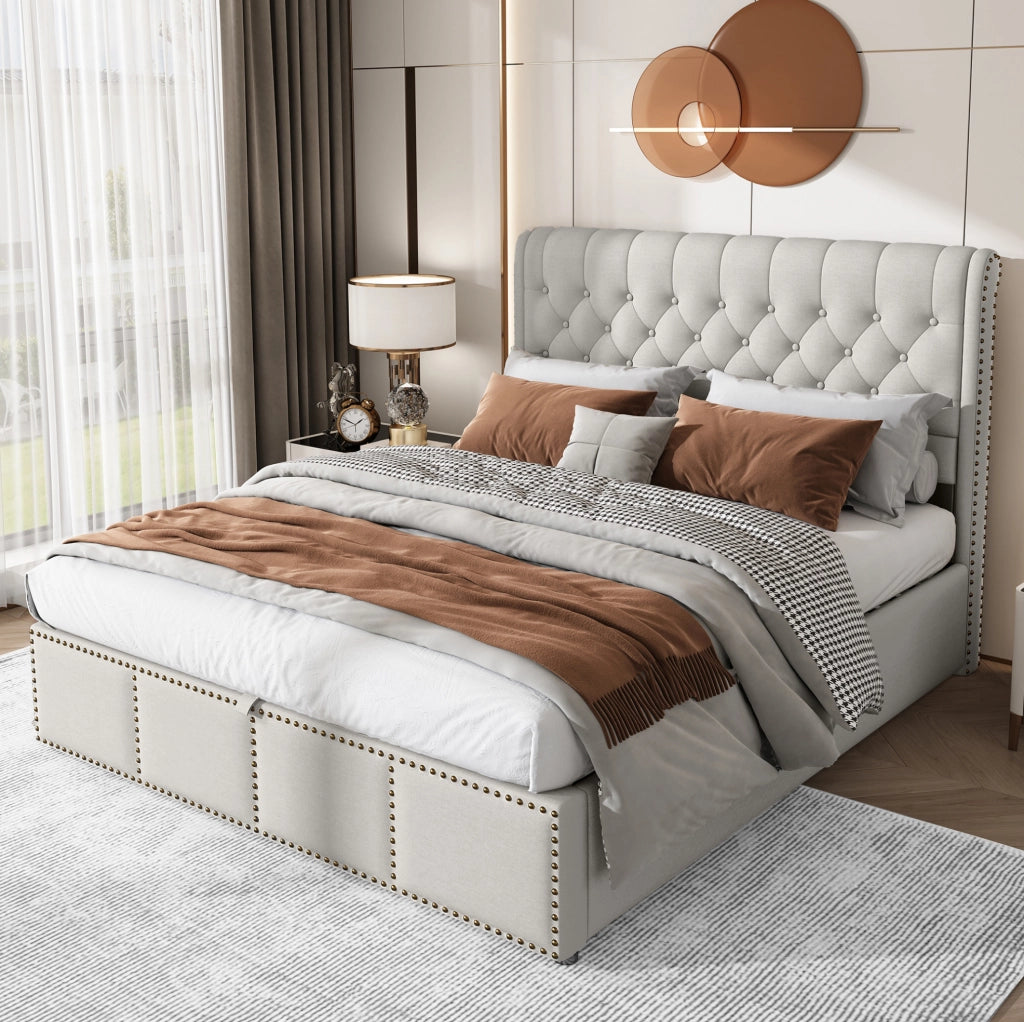 Letto imbottito grigio con contenitore 140 x 200 cm