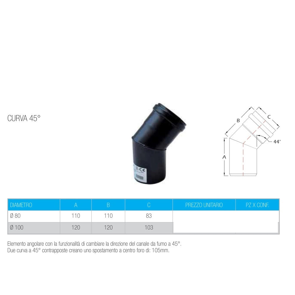 Curva gomito nero pellet a 45° da 100mm