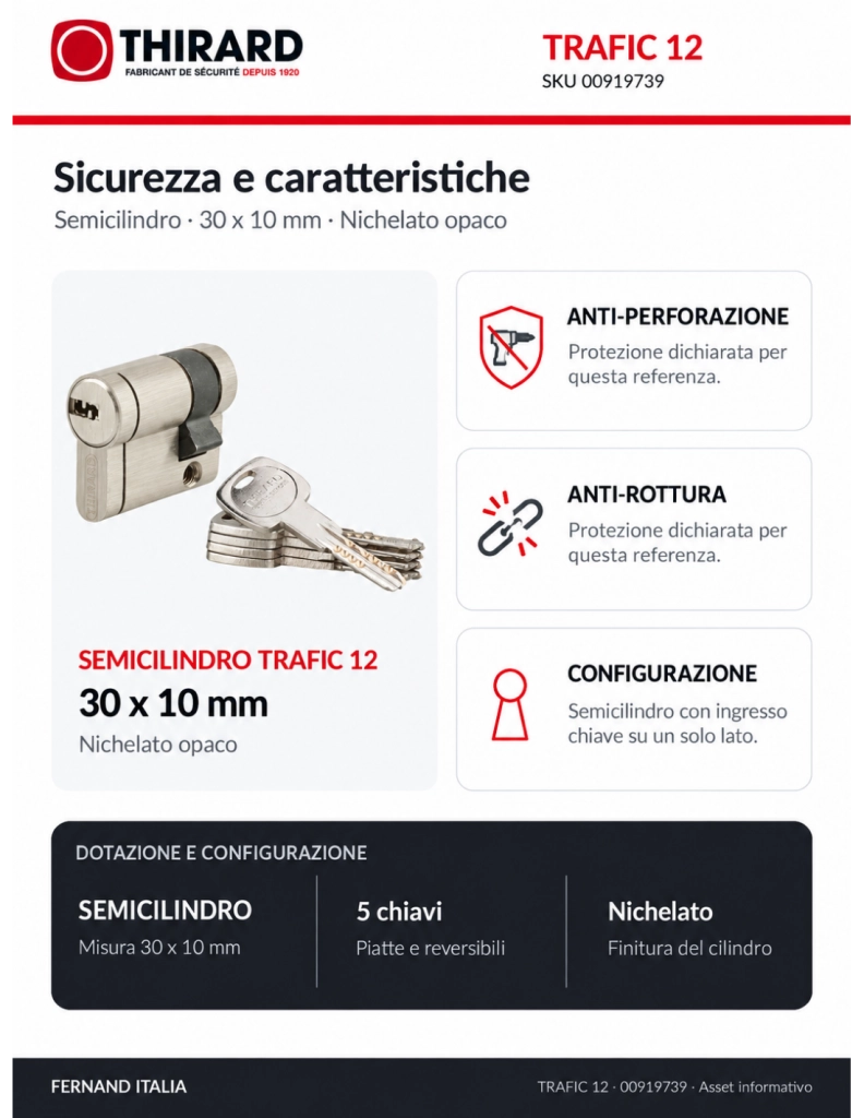 Semicilindro europeo TRAFIC 12 30 x 10 mm, nichelato, anti-perforazione, anti-rottura, 5 chiavi piatte reversibili – THIRARD