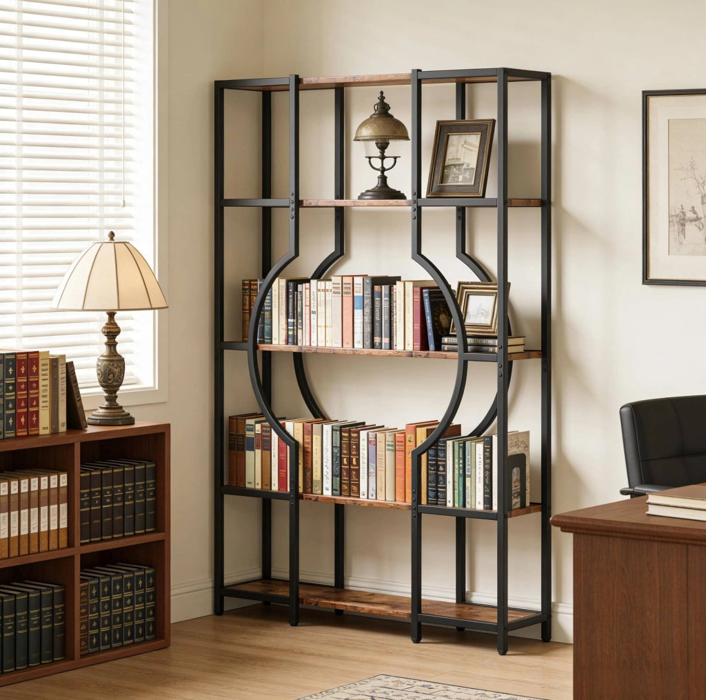 Libreria a 5 Ripiani in MDF Effetto Legno e Metallo Nero Marrone Rustico - per Soggiorno e Studio