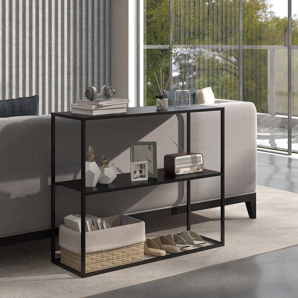 Consolle Ingresso Moderno ¨C Xylo ¨C Acciaio Nero 2 Ripiani 90x30x75cm