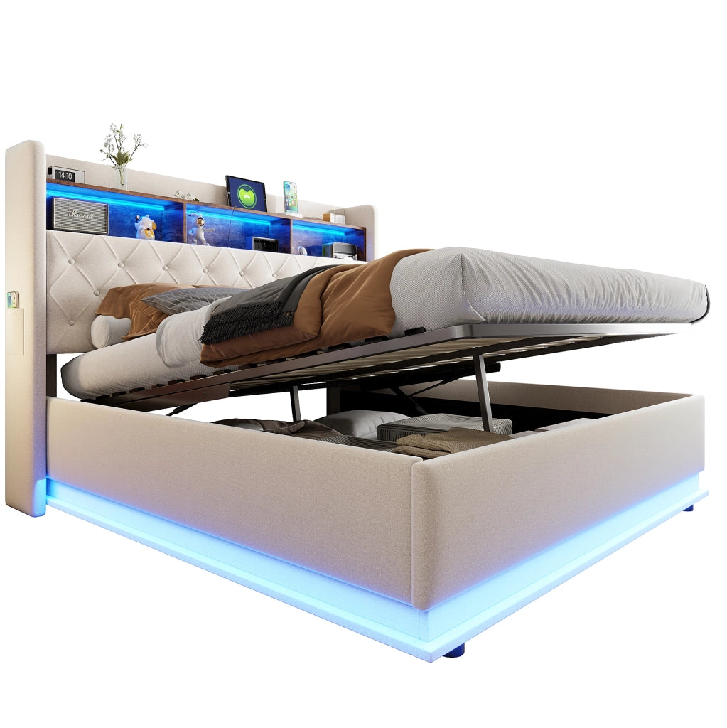 Letto imbottito LED 180x200 cm beige con USB e vano contenitore