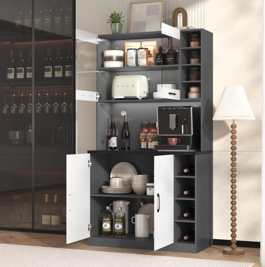 Credenza da cucina con LED, vano microonde e ripiani regolabili