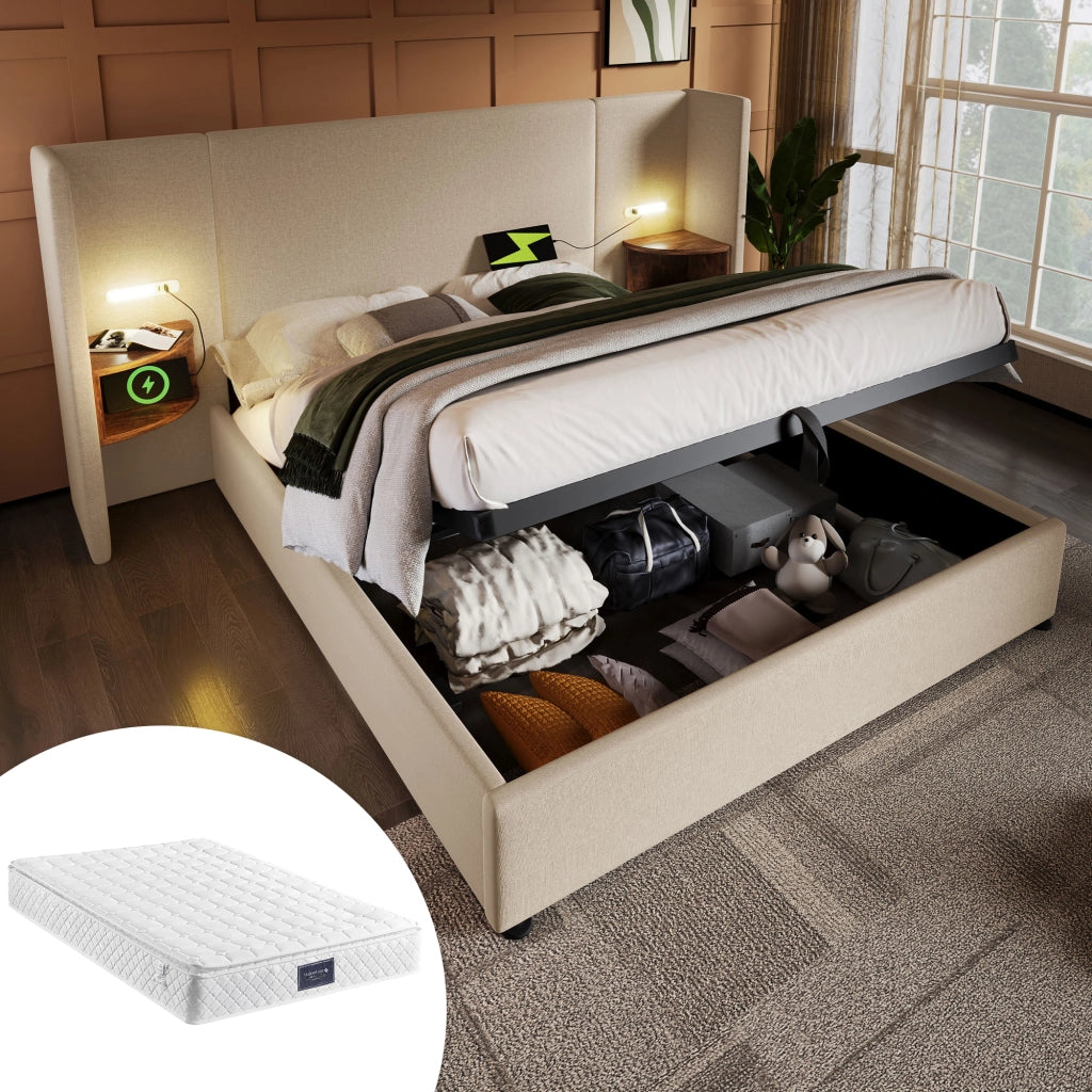 Letto contenitore 160 × 200 cm con lampada da lettura, porta USB e Type-C, materasso incluso, beige