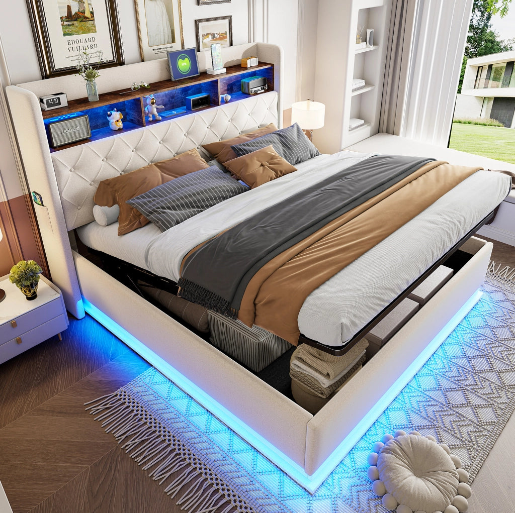 Letto imbottito LED 180x200 cm beige con USB e vano contenitore