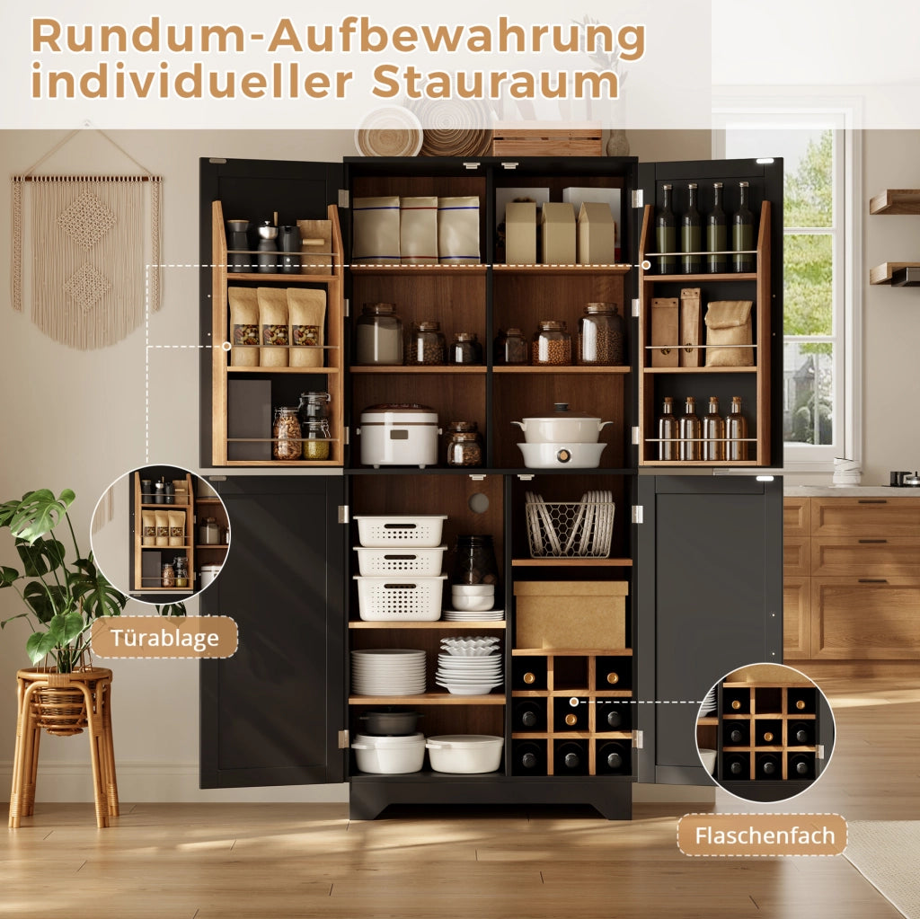 Armadio contenitore alto in MDF con portabottiglie, nero e naturale