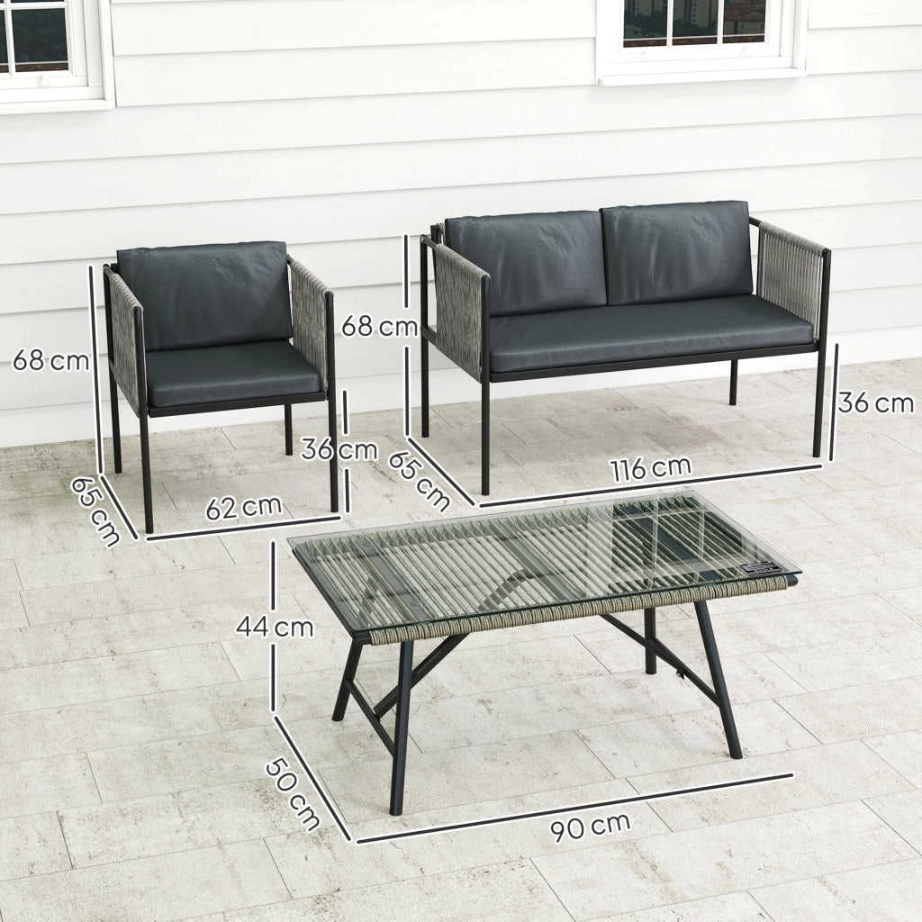 Set 4 pezzi giardino, divano 2 posti, 2 poltrone, tavolino con piano in vetro, cuscini, telaio in acciaio, rattan sintetico grigio, per esterno