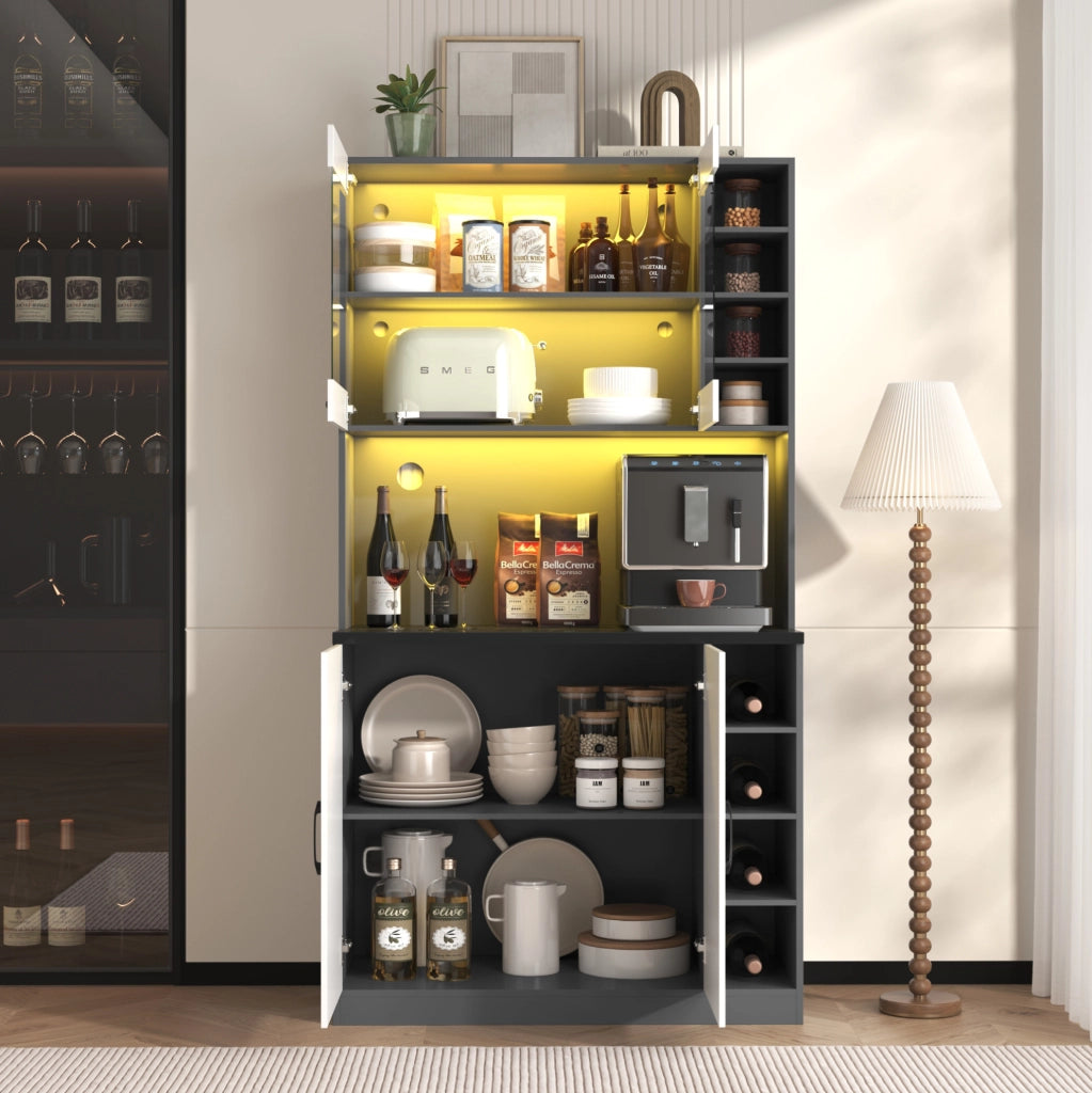 Credenza da cucina con LED, vano microonde e ripiani regolabili
