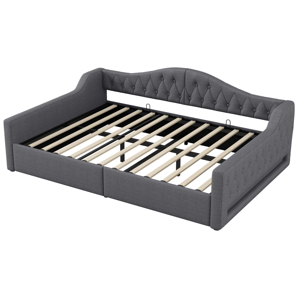 Letto imbottito una piazza e mezza 140×200 cm con contenitore e LED regolabile, senza materasso, lino, grigio