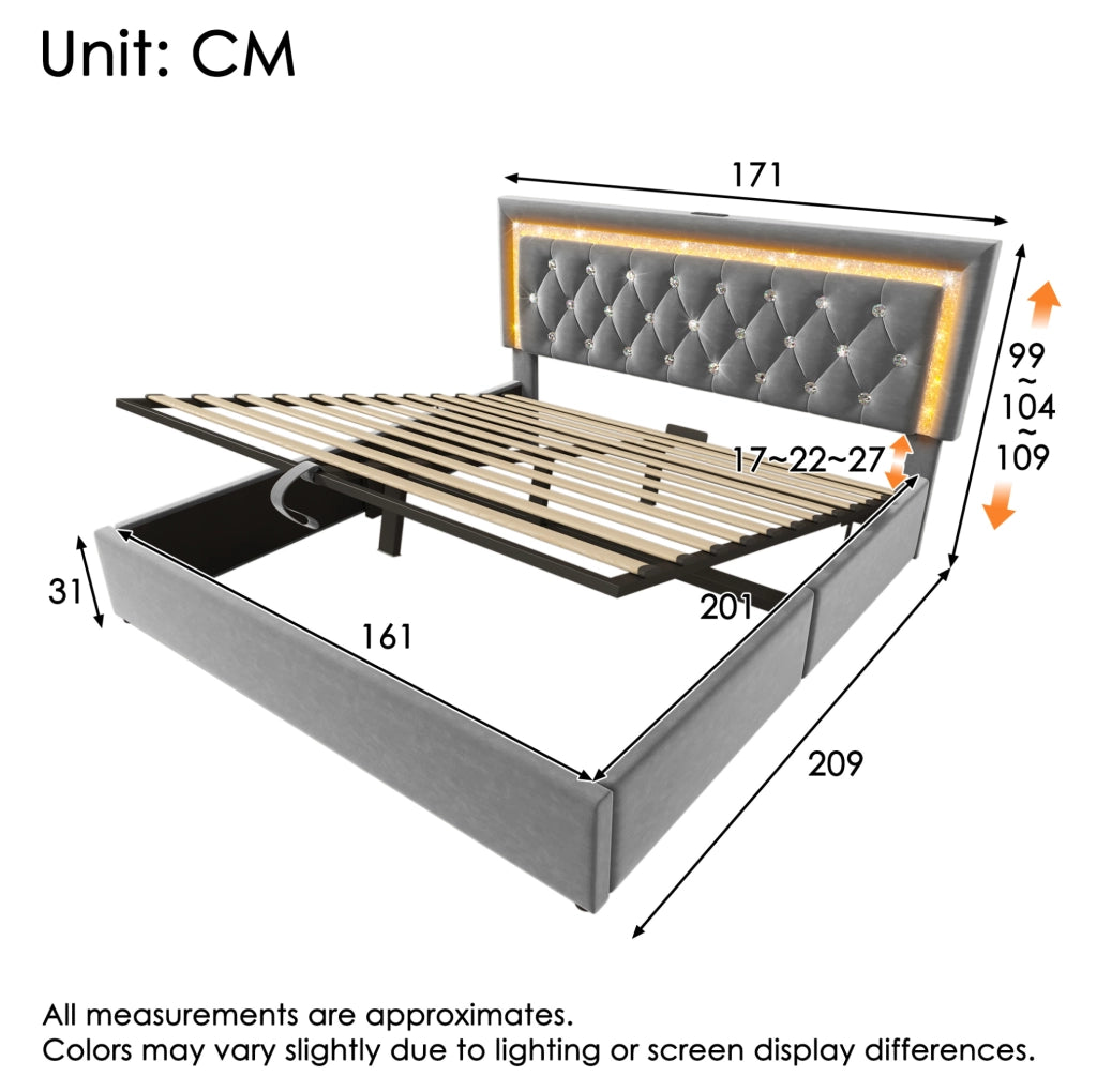 Letto contenitore 160 × 200 cm con LED; USB e USB-C; testiera regolabile; velluto grigio