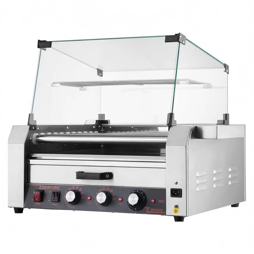 Hot Dog Grill Machine, 30 Hot Dogs, 11 Rollers, Stainless Steel, 2400 W, Electric Grill With Bun Warmer & Cover (Glass + PC) & 3 Temperature Controls & Side Storage Box & Oil Drip Tray