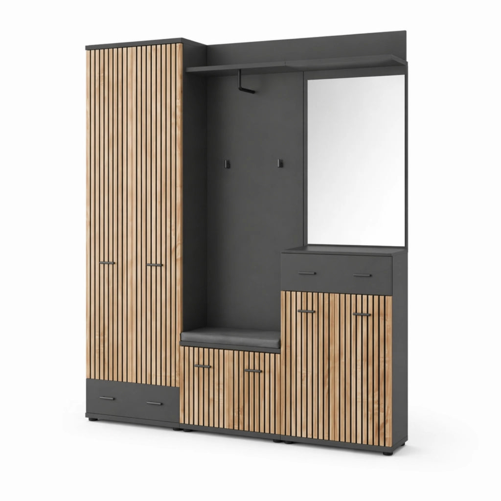 Mobile Ingresso Appendiabiti Set Entrata Design Moderno 180x 32x 203 Cm Antracite E Rovere
