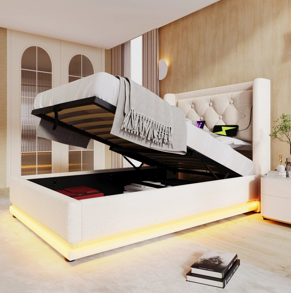 Letto contenitore 90 × 200 cm beige in cotone con LED; USB e Type-C