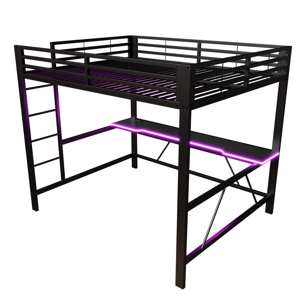 Letto a soppalco 160x200 in metallo con scrivania integrata e luci LED; nero