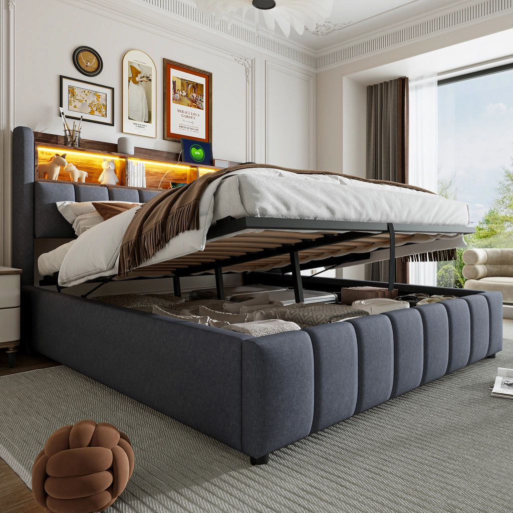 Letto matrimoniale imbottito 180 × 200 cm con LED USB e USB-C contenitore idraulico in tessuto di lino grigio