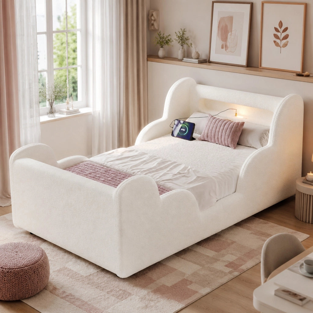 Letto per bambini 90x200 cm Bouclé beige con USB e luce
