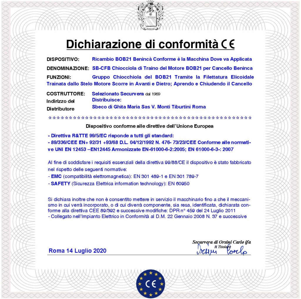 Ricambio del BOB21 Motore Cancello Battente Codice Benincà CVERT Chiocciola di Traino per Vite Senza Fine a 4 Principi Incastonata Sulla Forcella di Acciaio Zincata Foro da 18 mm con 4 Filetti Perno