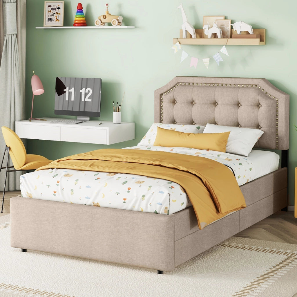 Letto singolo imbottito beige scuro 90x200 cm con testiera regolabile e 2 cassetti