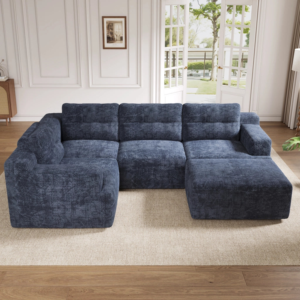Divano modulare 252x180x82 cm in ciniglia blu, senza montaggio, salvaspazio