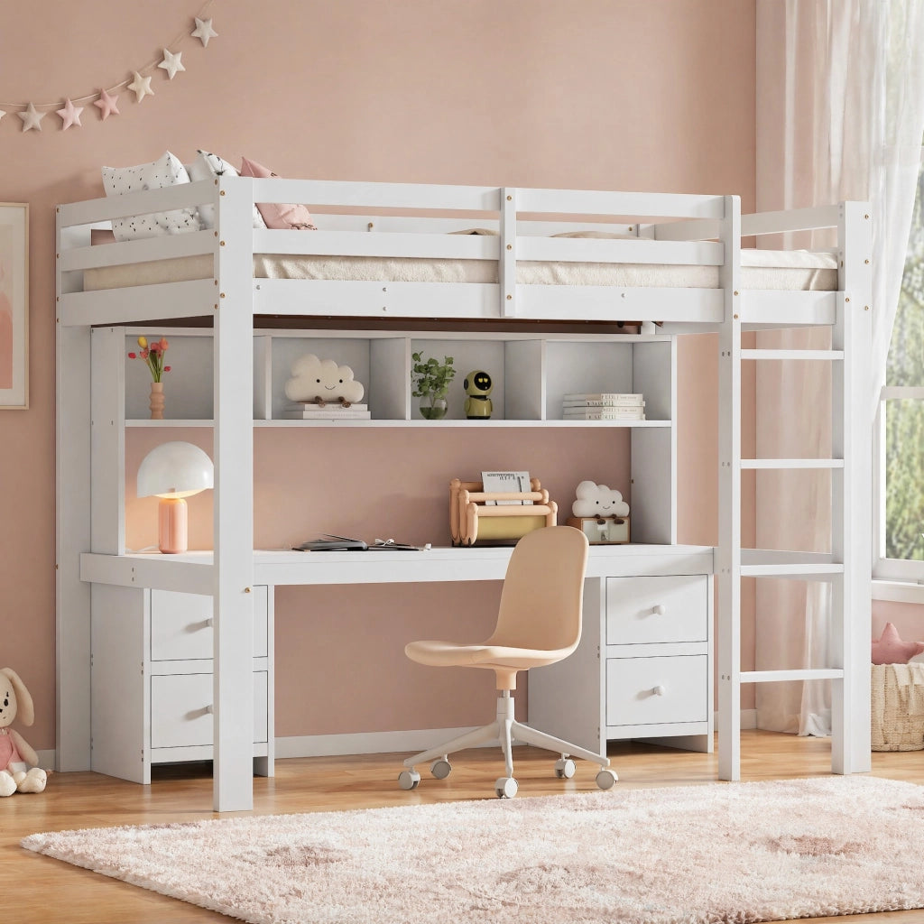 Letto a soppalco 90x200 cm con scrivania; 4 cassetti; in pino e MDF; bianco