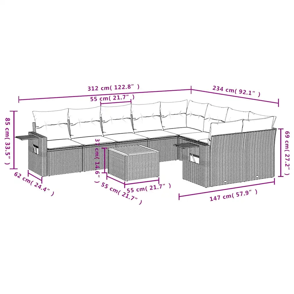 Set Divani da Giardino 10 pz con Cuscini Nero in Polyrattan 3224720