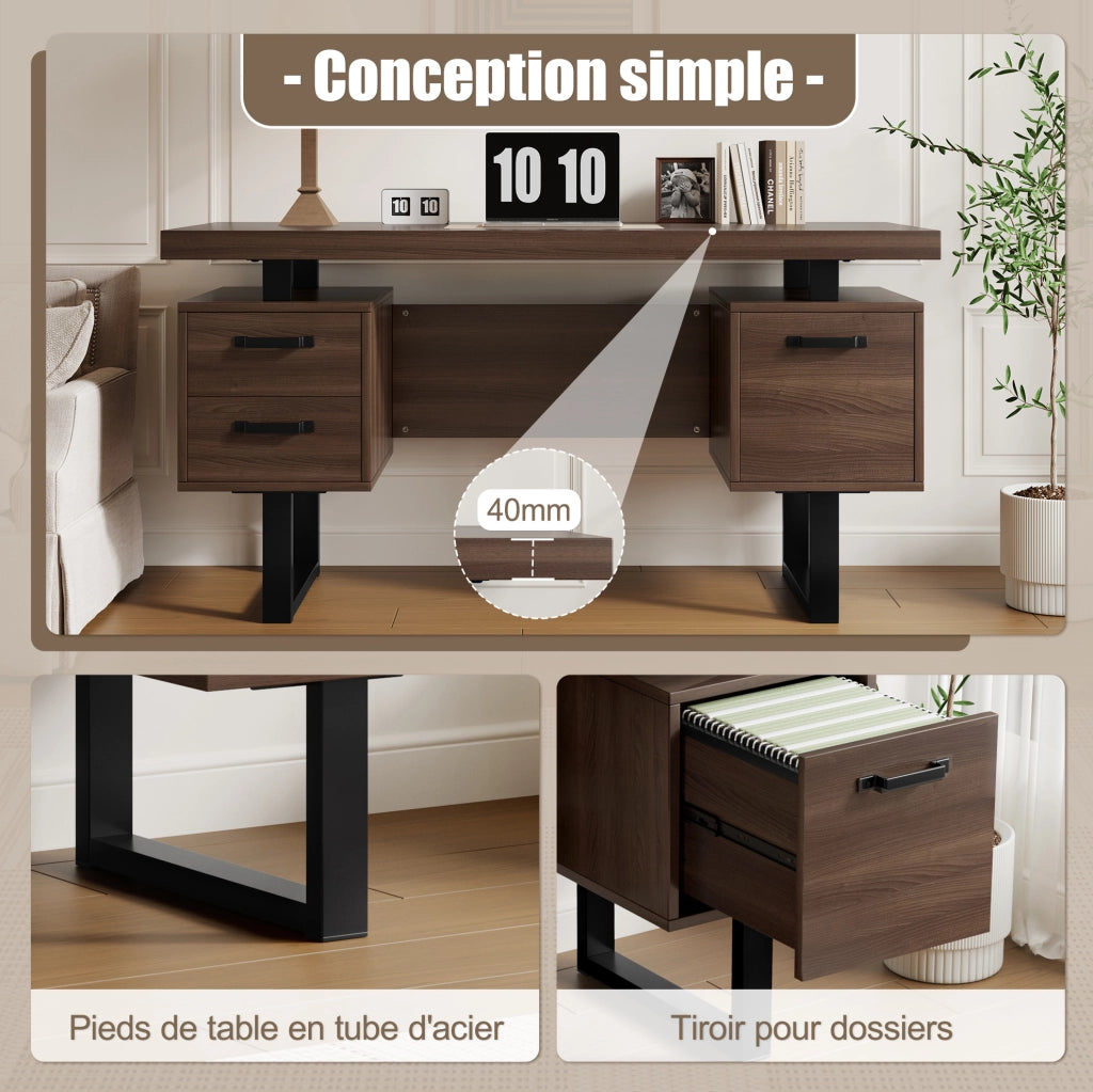 Scrivania da ufficio 135x54 cm con 2 cassetti e vano portadocumenti; MDF marrone