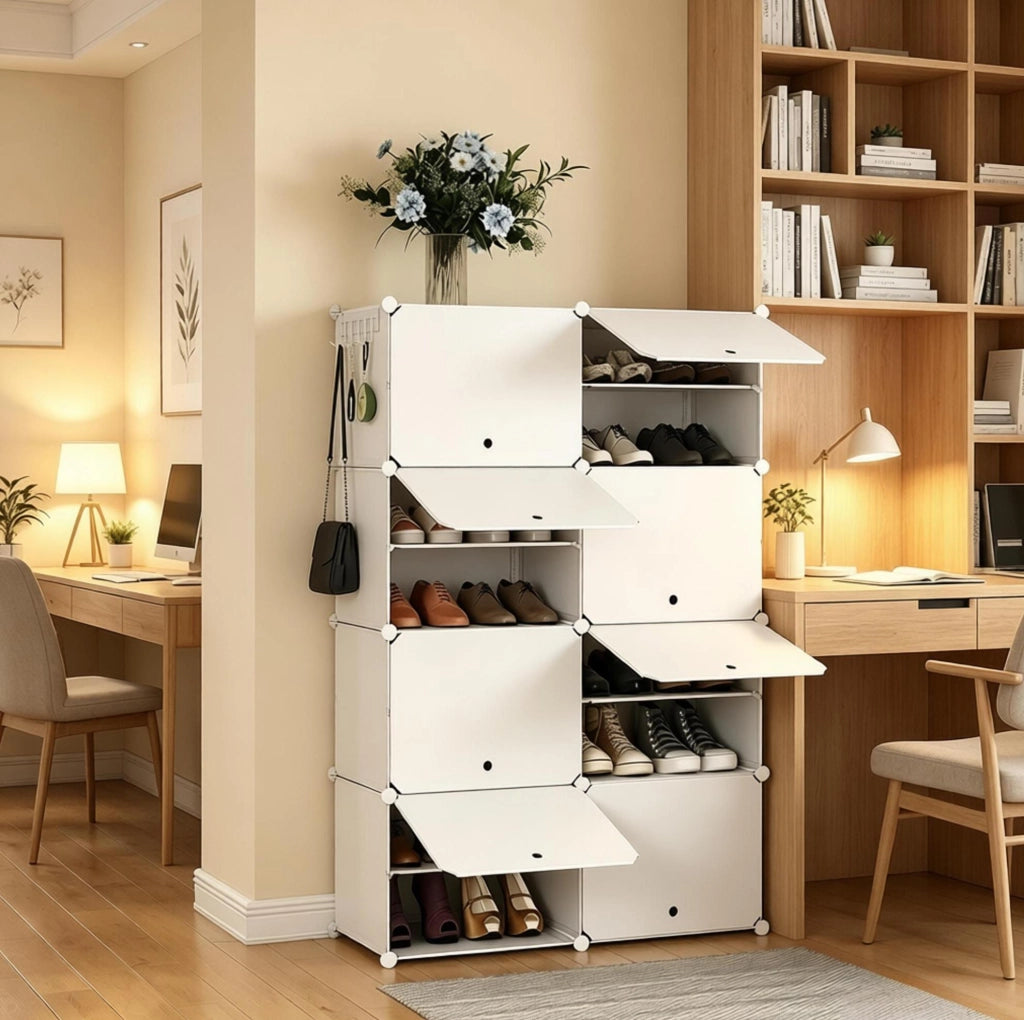 Scarpiera bianca 94x36,5x144 cm – 8 scomparti modulari