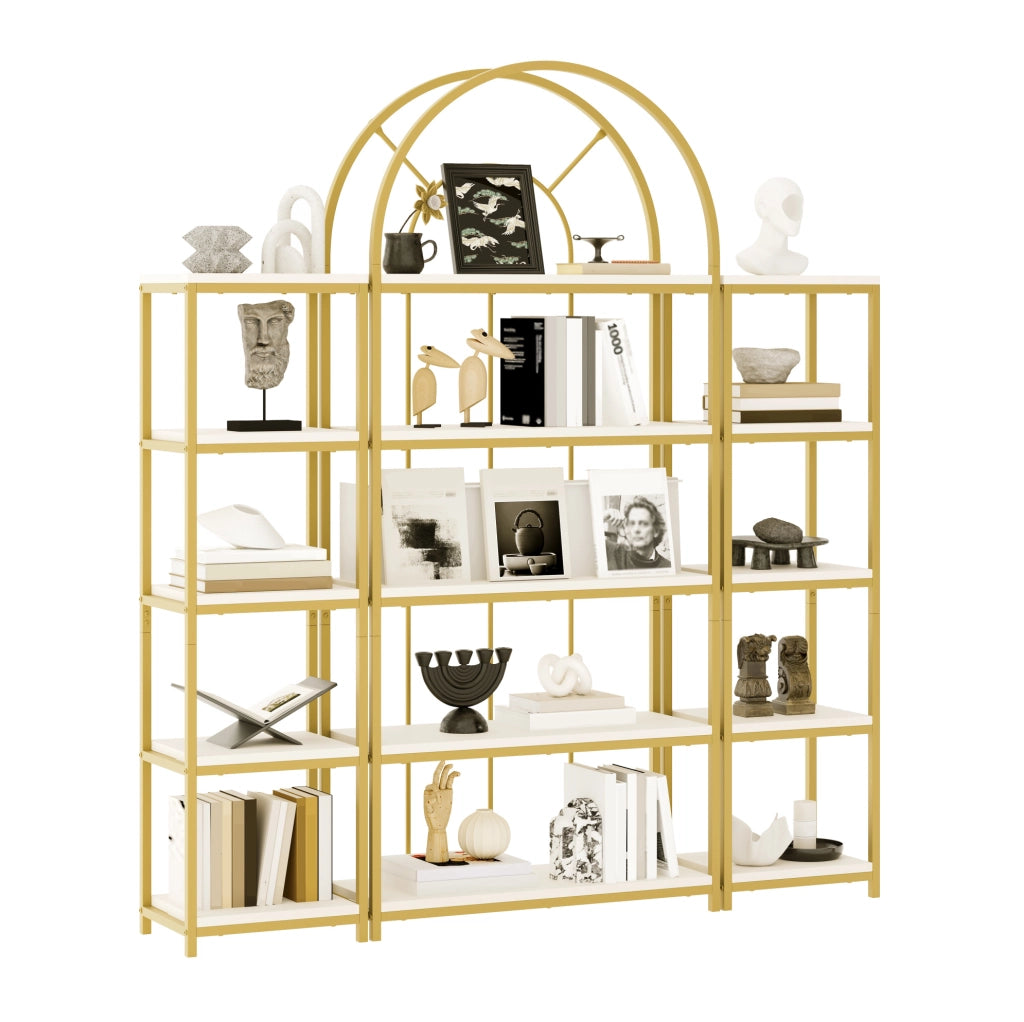 Scaffale modulare a 3 elementi con arco; MDF e acciaio; 163 × 30 × 184 cm; oro e bianco