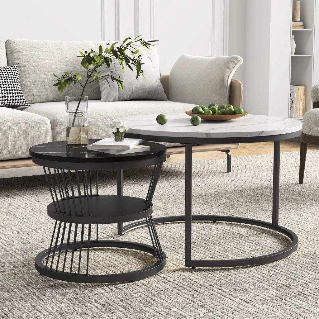 Tavolino salotto rotondo 70x70x45 cm set 2 pezzi tavolino da divano impilabile effetto marmo struttura in metallo - nero e bianco