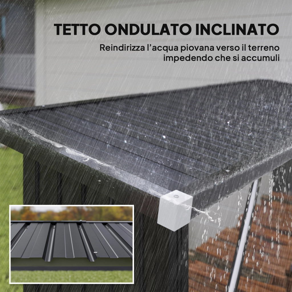 Capanno Portalegna Legnaia da Esterno 213x66.5x150 cm Base Rialzata e Tetto Inclinato in Acciaio Grigio Scuro