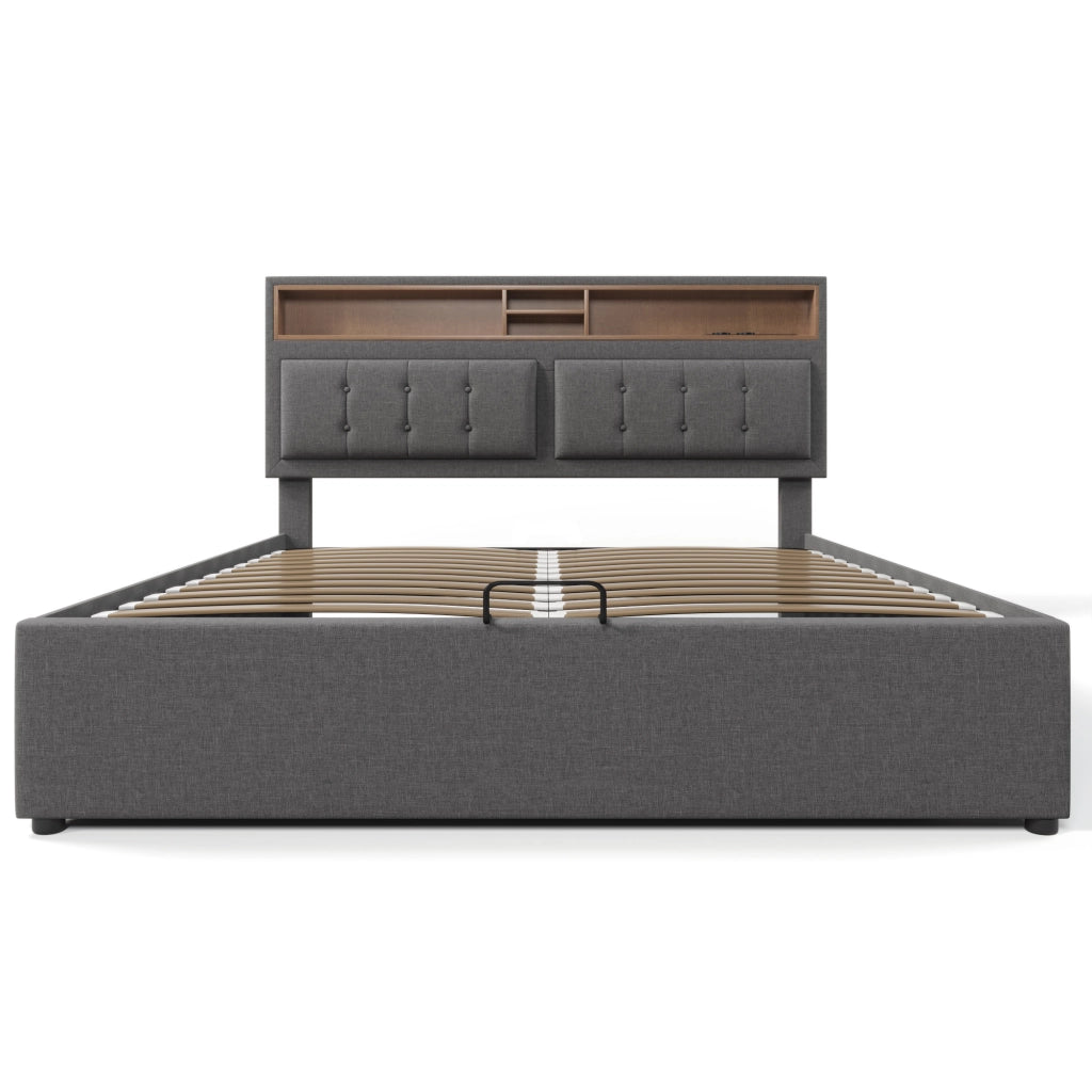 Letto contenitore imbottito 140x200 grigio con prese USB