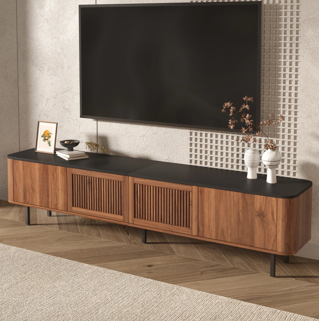 Mobile TV moderno 190x35x45 cm in MDF e pannello truciolare; effetto noce e nero